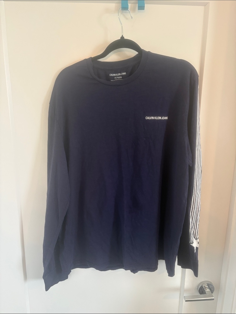 Calvin Klein Jeans Navy Long Sleeve Crew with Striped Sleeve Detail